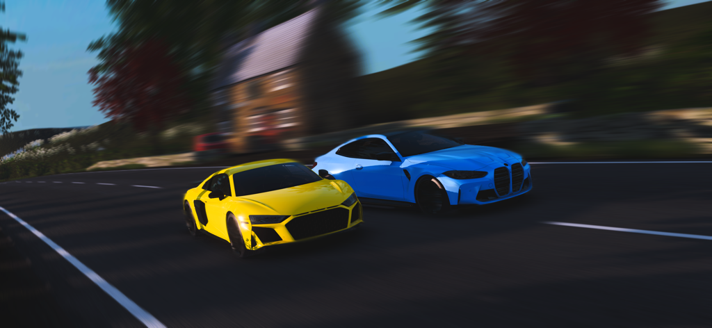 Apex Racing - A yellow and a blue sports car racing side by side with a motion blur effect.