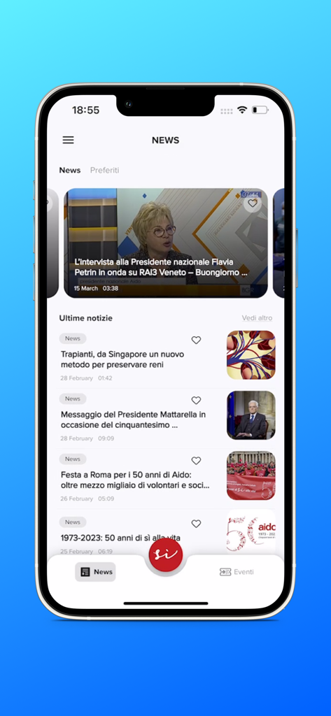 AIDO - A smartphone displaying the news section of the digitalAIDO app with Italian articles about organ donation