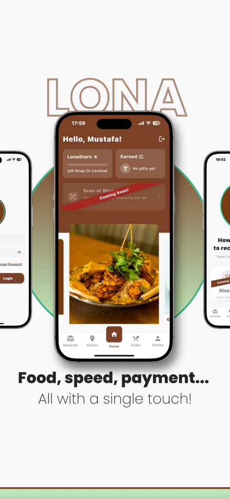 Pantalla de inicio de la app Lona Grill House que muestra el menú de comida y la sección de recompensas