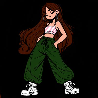 girl in baggy pants crop top and long hair