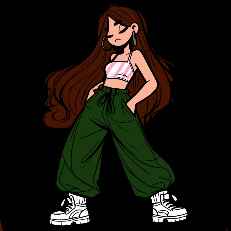 girl in baggy pants crop top and long hair