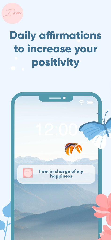 Daily positive affirmation notification on a smartphone lock screen with a serene mountain background.
