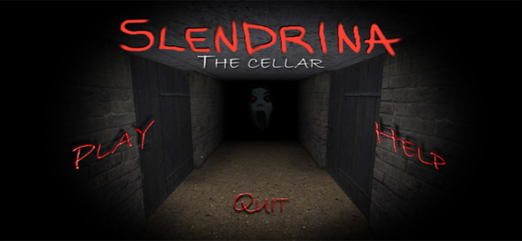 Main menu screen for the horror game Slendrina The Cellar featuring a dark hallway and a ghostly face.
