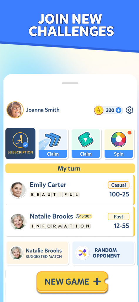 Panel de la aplicación Word Crack mostrando partidas de palabras activas y opciones de desafío