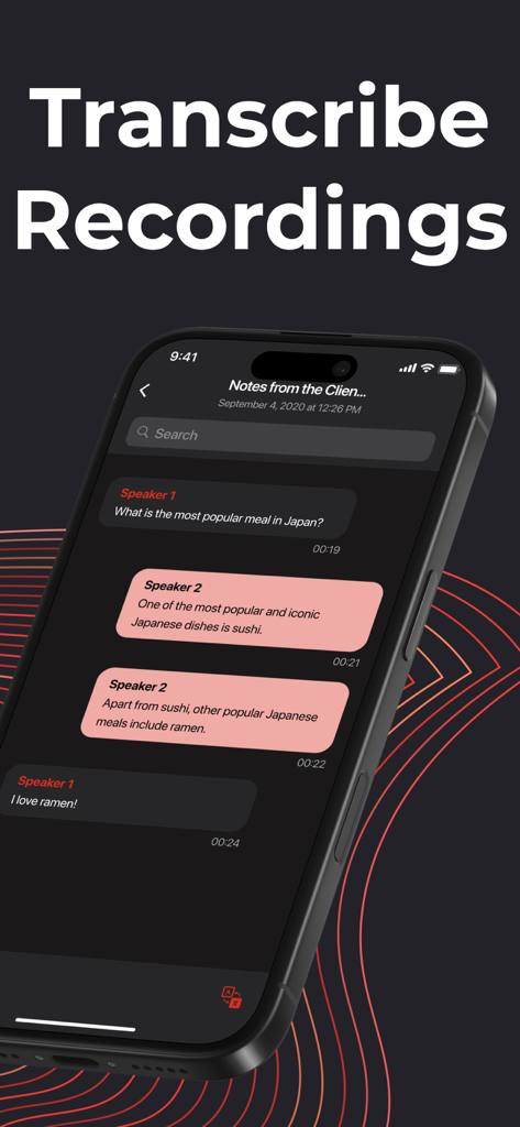 Pantalla de smartphone que muestra la aplicación VoiceNotes transcribiendo una conversación entre dos oradores con bloques de texto con marca de tiempo.