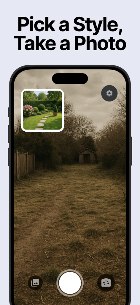 Landscape AI: AI Garden Design - Tela de smartphone mostrando a interface da câmera do aplicativo Landscape AI com uma prévia do estilo do jardim sobre uma foto do quintal.