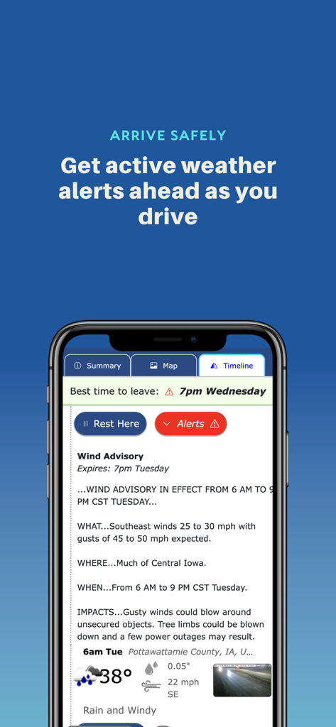 Highway Weather - A mobile screen showing a detailed wind advisory weather alert on the Highway Weather app.
