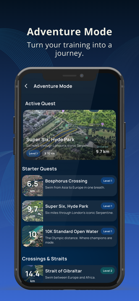 Swim Success: Swim Workout App - The Adventure Mode screen of the Swim Success app showing virtual swimming quests and open water challenges.