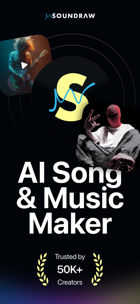 Soundraw: AI Song Music Maker - Soundraw AI Song and Music Maker app promotional screen showing the S logo and creator trust badge