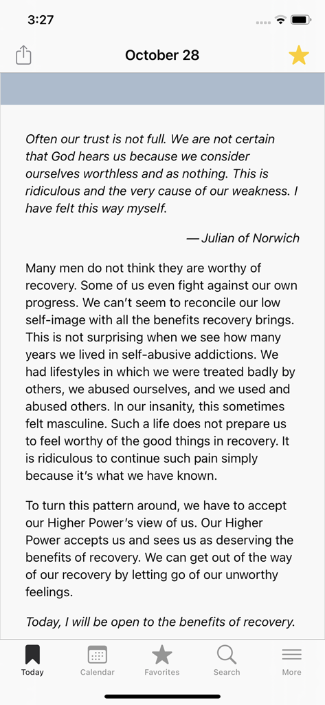 Touchstones - A daily meditation reading screen in the Touchstones app for men in recovery