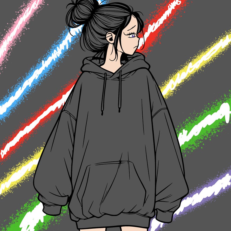 realistic girl with a oversized sweatshirt on and a bun