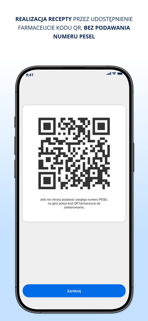 전자 처방전 처리를 위한 QR 코드를 표시하는 mojeIKP 앱 화면