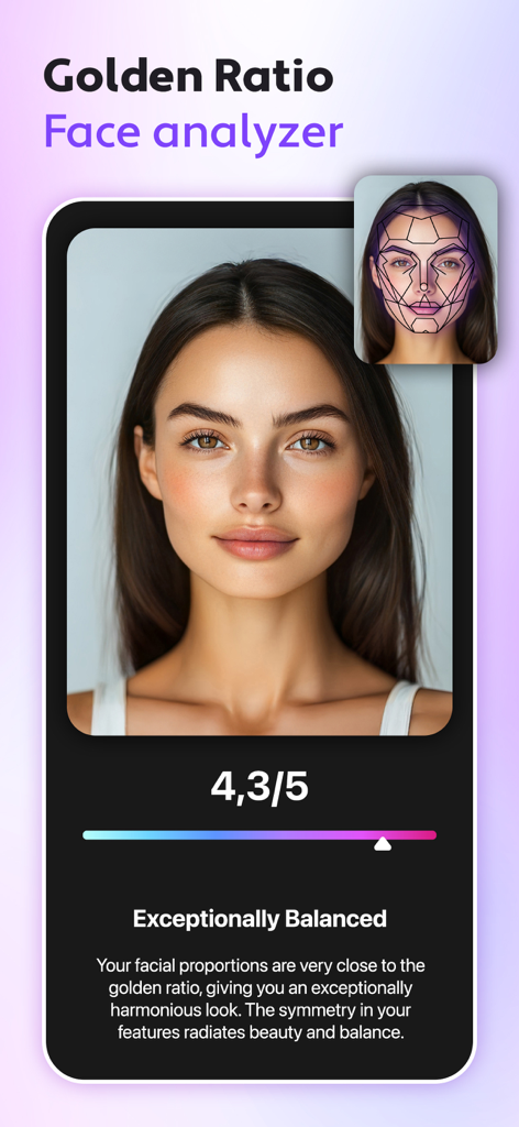 AI face analyzer tool in the Cosmo app showing a beauty score based on golden ratio proportions