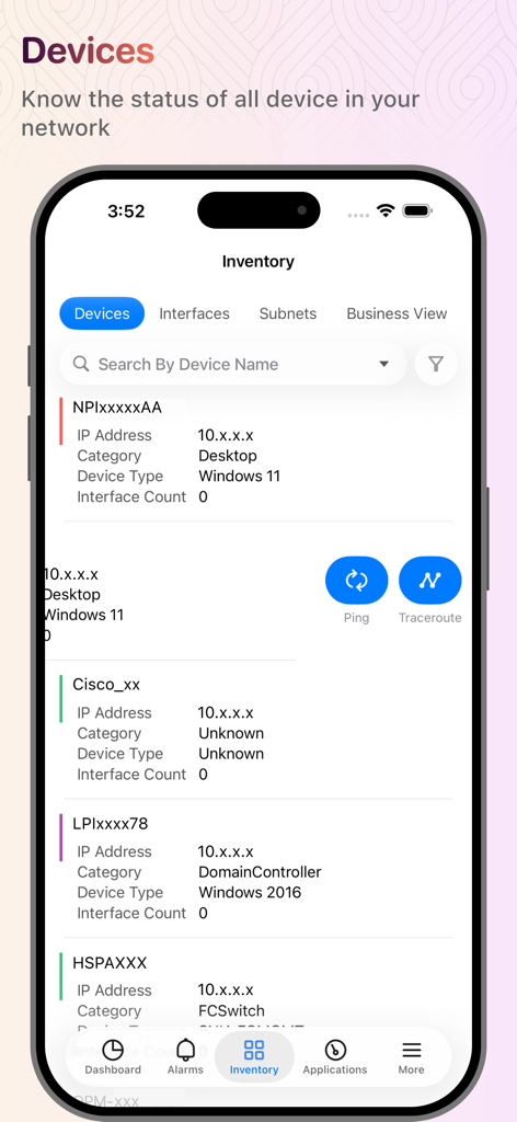 OpManager - OpManager app screen showing a list of network devices with IP addresses and status information