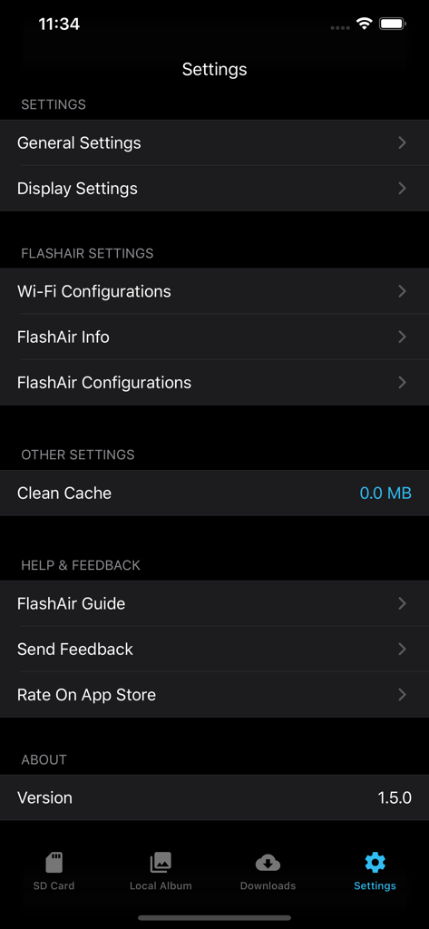 FAir for FlashAir app settings menu showing wifi and display configuration options in dark mode
