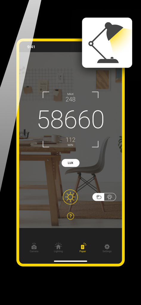 Lux Light Meter for Mobile - Smartphone screen showing the Lux Light Meter app interface measuring light intensity in a home office workspace.