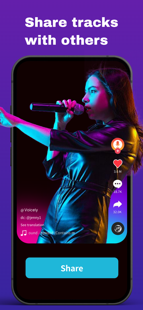 Voicely : Ringtone & AI Voice - Voicely app interface showing a social media sharing screen for AI generated music tracks