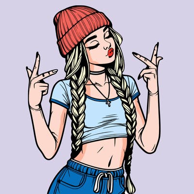 realistic teenage girl with braids and a beanie and crop top doing 🫶🏼