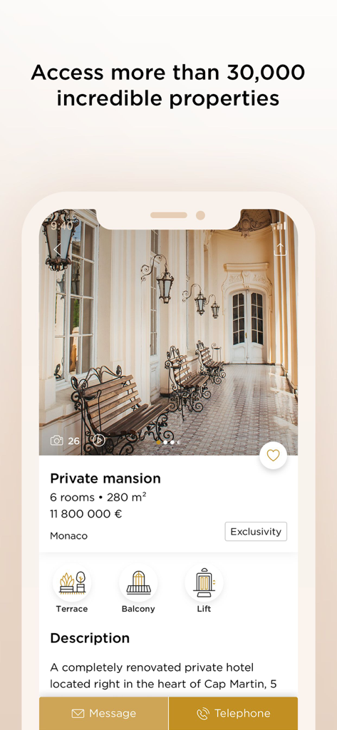 Belles Demeures App zeigt eine Luxus-Privatvillen-Liste in Monaco für über 11 Millionen Euro.