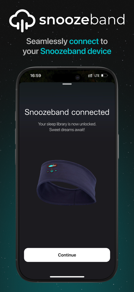 iPhone-Bildschirm, der zeigt, dass die Snoozeband-App erfolgreich mit dem physischen Schlaf-Kopfbügelgerät verbunden ist.