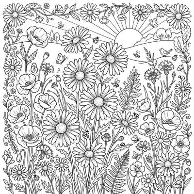 Bask in the beauty of a bustling summer meadow, where cheerful oxeye daisies bloom alongside other charming wildflowers. This delightful coloring page invites you to bring the vibrant energy of a sunny day to life with your favorite colors.
