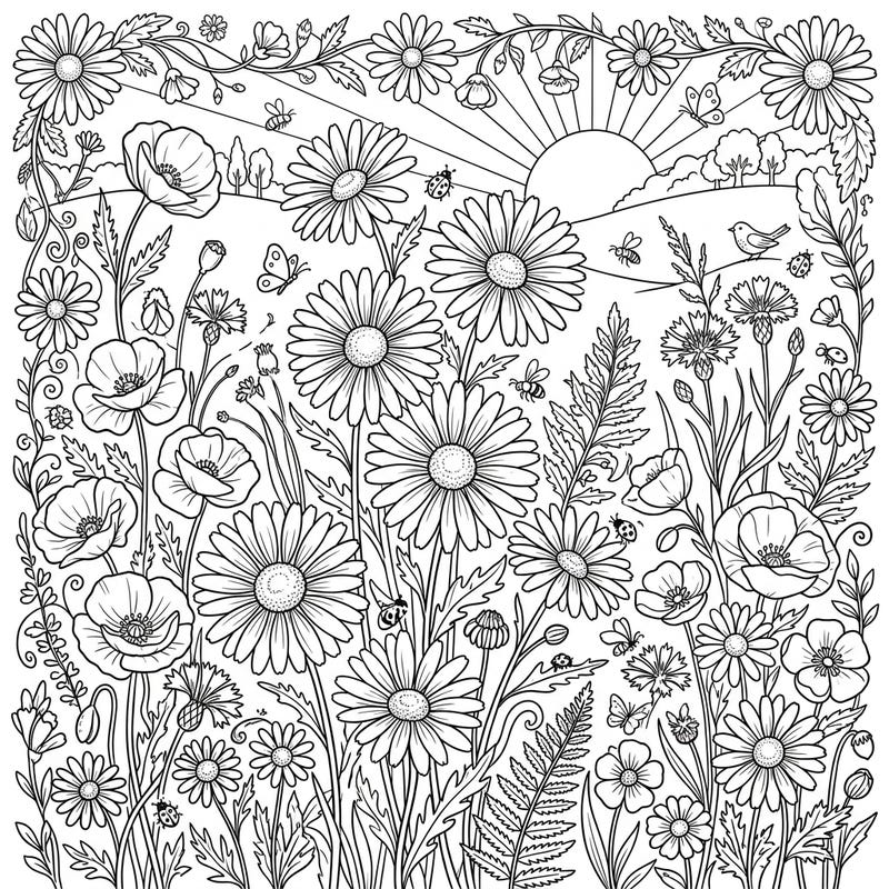 Bask in the beauty of a bustling summer meadow, where cheerful oxeye daisies bloom alongside other charming wildflowers. This delightful coloring page invites you to bring the vibrant energy of a sunny day to life with your favorite colors.