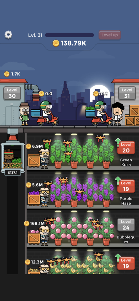 Gameplay screenshot of Weed Factory Idle showing plant cultivation levels and delivery management