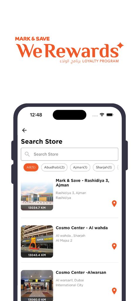 We Rewards - The search store screen of the We Rewards loyalty app showing a list of nearby retail locations