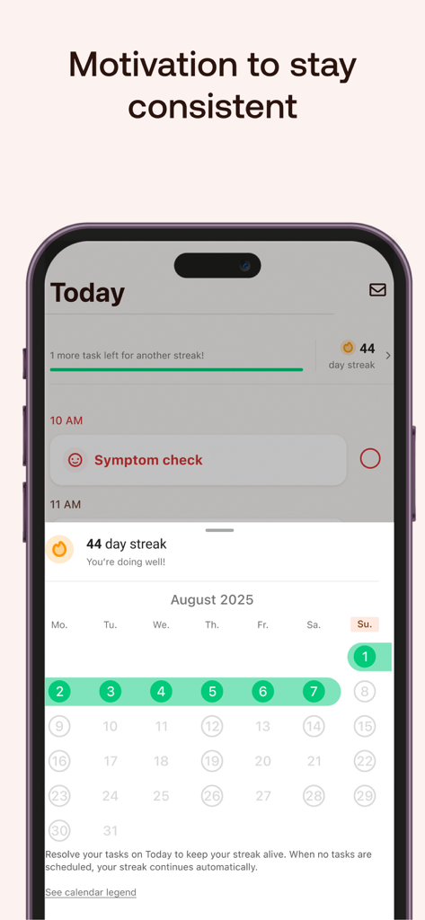 MyTherapy app showing a 44 day streak and monthly calendar for habit tracking