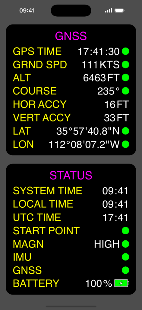 Panel digital de la aplicación Nav Tools que muestra datos GNSS y el estado del dispositivo para la navegación aérea y marítima