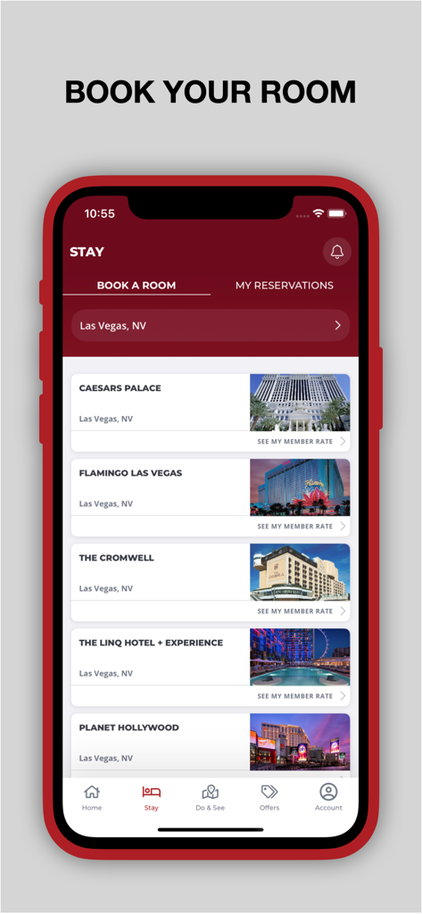 Caesars Rewards Resort Offers - Capture d'écran de l'application Caesars Rewards affichant les options de réservation d'hôtels pour les complexes hôteliers de Las Vegas.