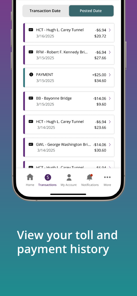 Screenshot of the Tolls NY app showing a detailed list of toll transactions and payments.