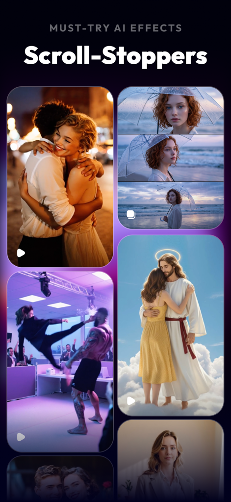 vivago.ai-AI Video&Effects - Showcase of viral AI video effects from vivago.ai including emotional hugging scenes and cinematic transformations