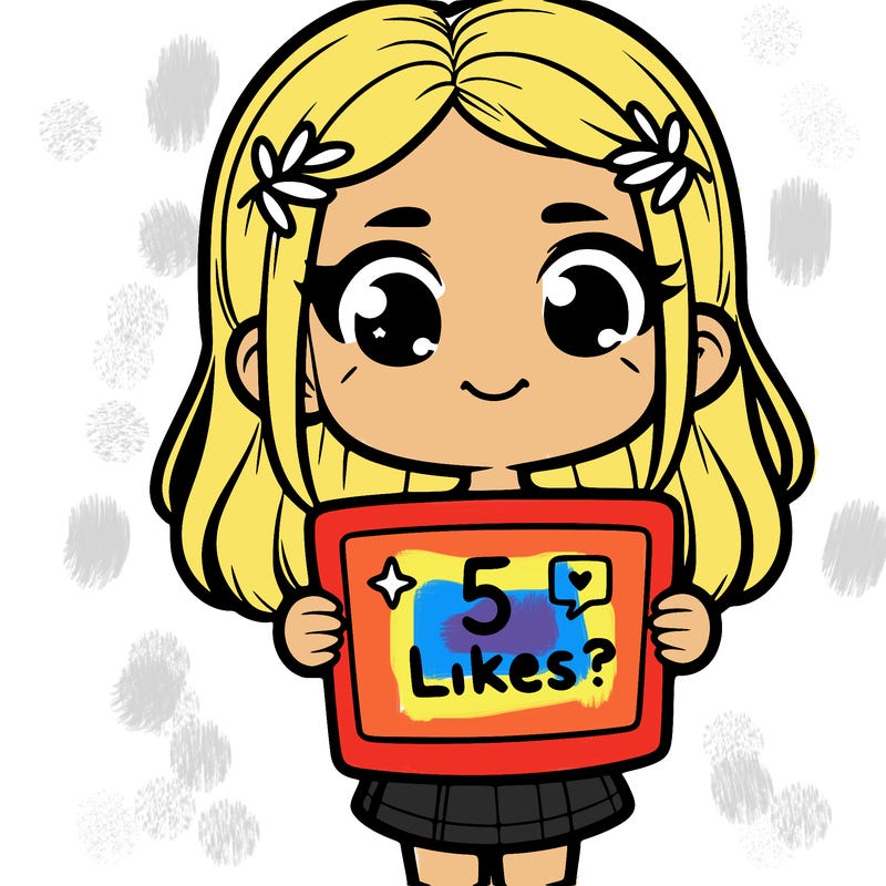 a girl holding a sign that says "5 likes?"