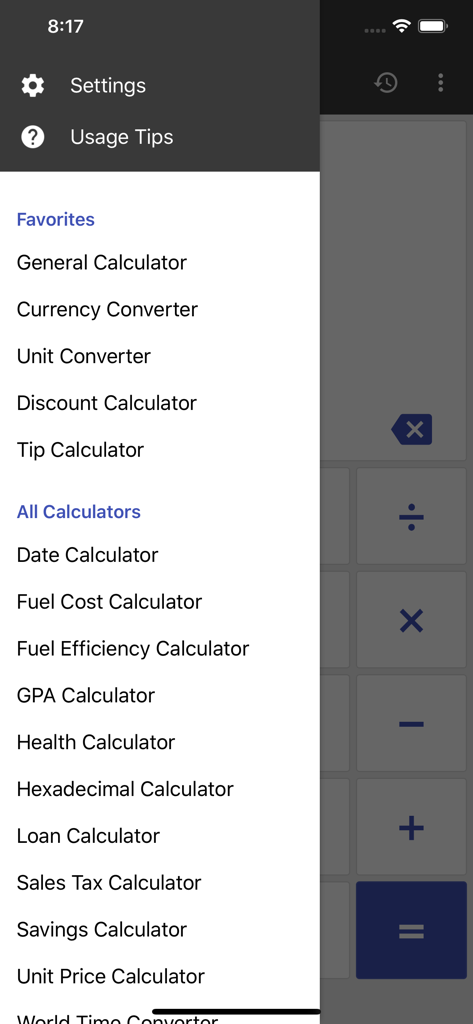 Side navigation menu of the ClevCalc app showing a list of specialized calculators and converters including currency unit and loan tools.