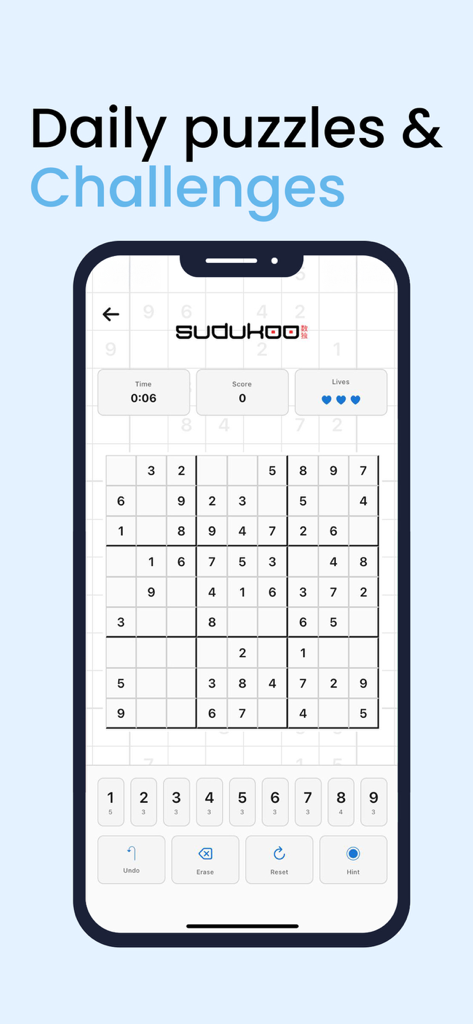 Interfaz de la aplicación Sudukoo que muestra una cuadrícula de Sudoku moderna con puzzles y desafíos diarios.