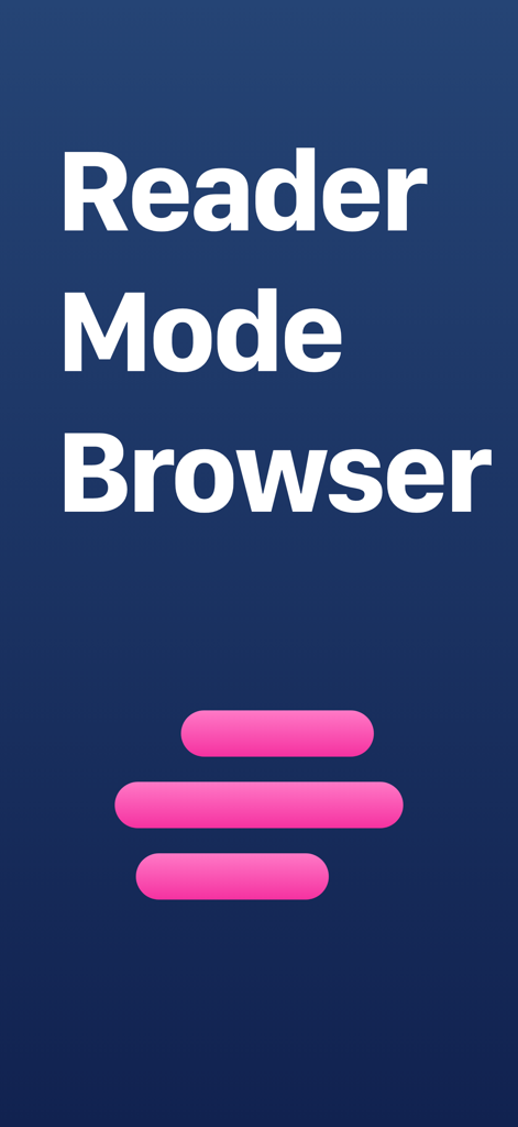 Lirely: Reader Mode Browser - Introductory splash screen for Lirely Reader Mode Browser with pink stylized text bars on a blue background