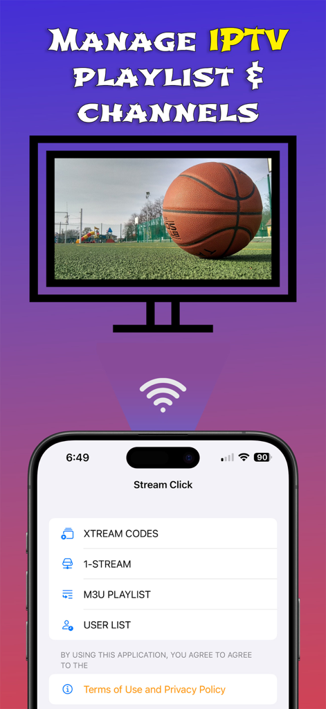 Xtream IPTV Click PlayList M3U - Smartphone displaying an IPTV management app with options for Xtream Codes and M3U playlists
