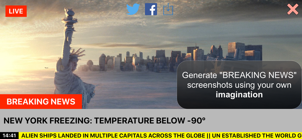 Fake News & Charts - 뉴욕이 빙하기에 빠졌다는 가짜 속보 헤드라인과 종말론적인 이미지를 생성하는 모바일 앱 스크린샷