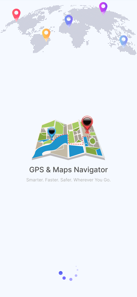 GPS & Maps Navigator - GPS and Maps Navigator splash screen showing a world map and navigation icon