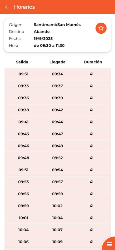 Bilbao Metro, Tren y Tranvía - Aplicación de transporte de Bilbao mostrando horarios de metro y tren con tiempos de salida y llegada.