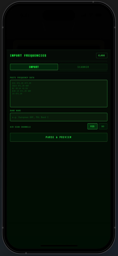 PhantomTV - PhantomTV-Oberfläche zum Importieren und Parsen von Frequenzdaten für paranormale Ermittlungen.