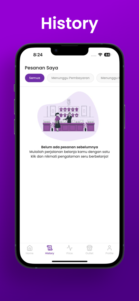 Captura de pantalla de la página de historial de la aplicación Raja Emas mostrando una lista de pedidos vacía con una ilustración de una joyería.