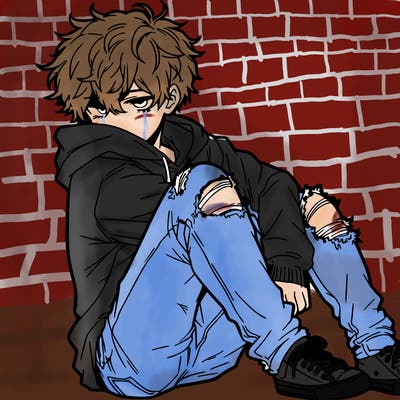 a male hoddie ripped jeans messy hair anime