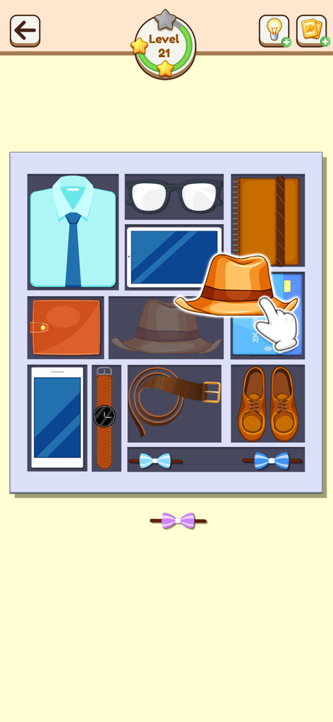 모자, 셔츠와 같은 아이템이 격자에 깔끔하게 배열된 정리 퍼즐 게임 스크린샷