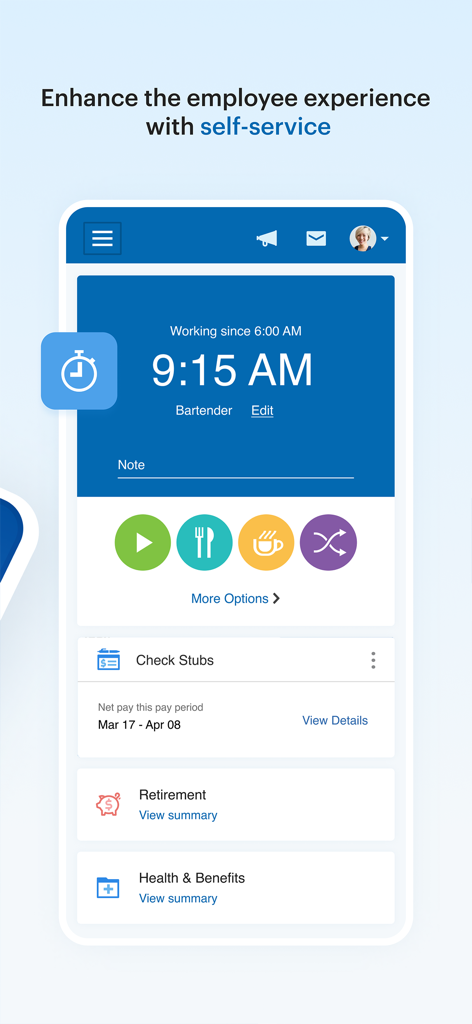 Paychex Flex - Paychex Flex mobile app dashboard featuring employee self-service tools like time tracking, check stubs, and retirement information.
