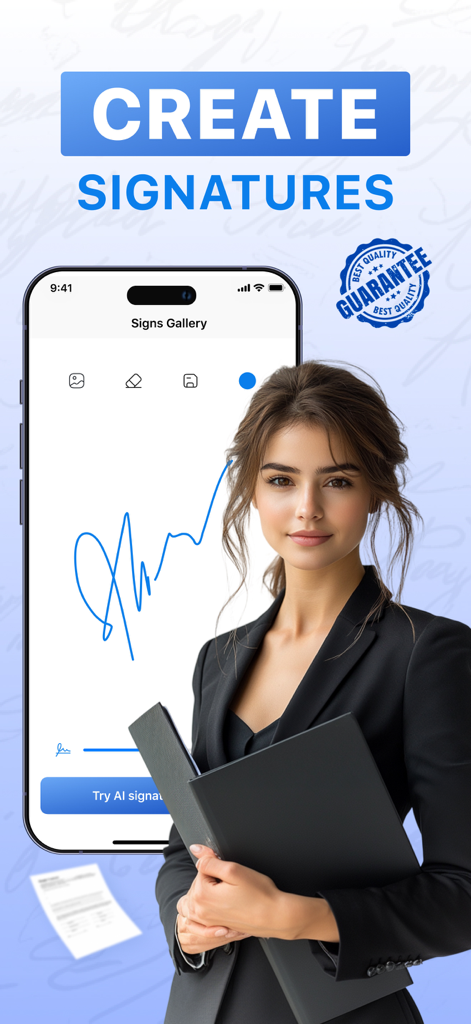 eSign: Digital Signature Maker - Empresária profissional ao lado de um smartphone mostrando a interface do aplicativo eSign para criar assinaturas digitais
