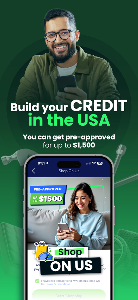 MyBambu - A man and woman using smartphones next to text promoting MyBambu credit building in the USA and 1500 dollar pre-approvals