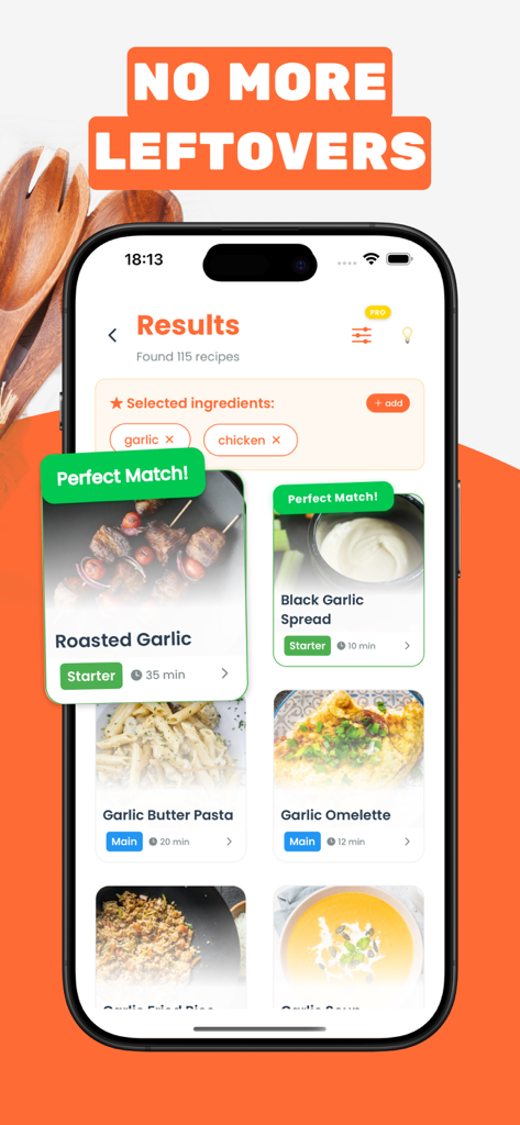 Recipe search results for garlic and chicken ingredients in the app