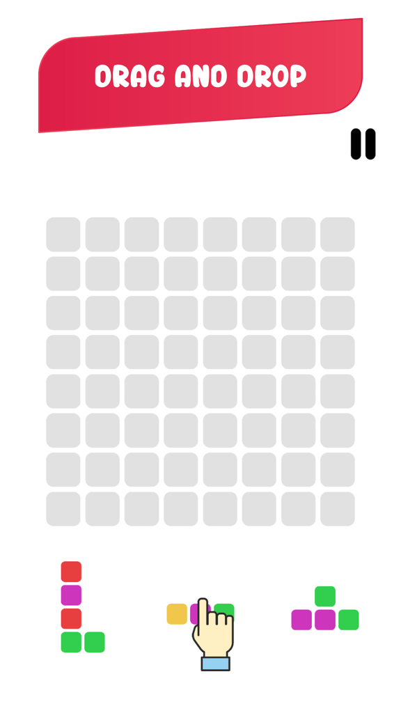 Block Masters - Flip the Color - Screenshot of Block Masters game showing a 8x8 grid with colorful blocks and a drag and drop tutorial hand icon